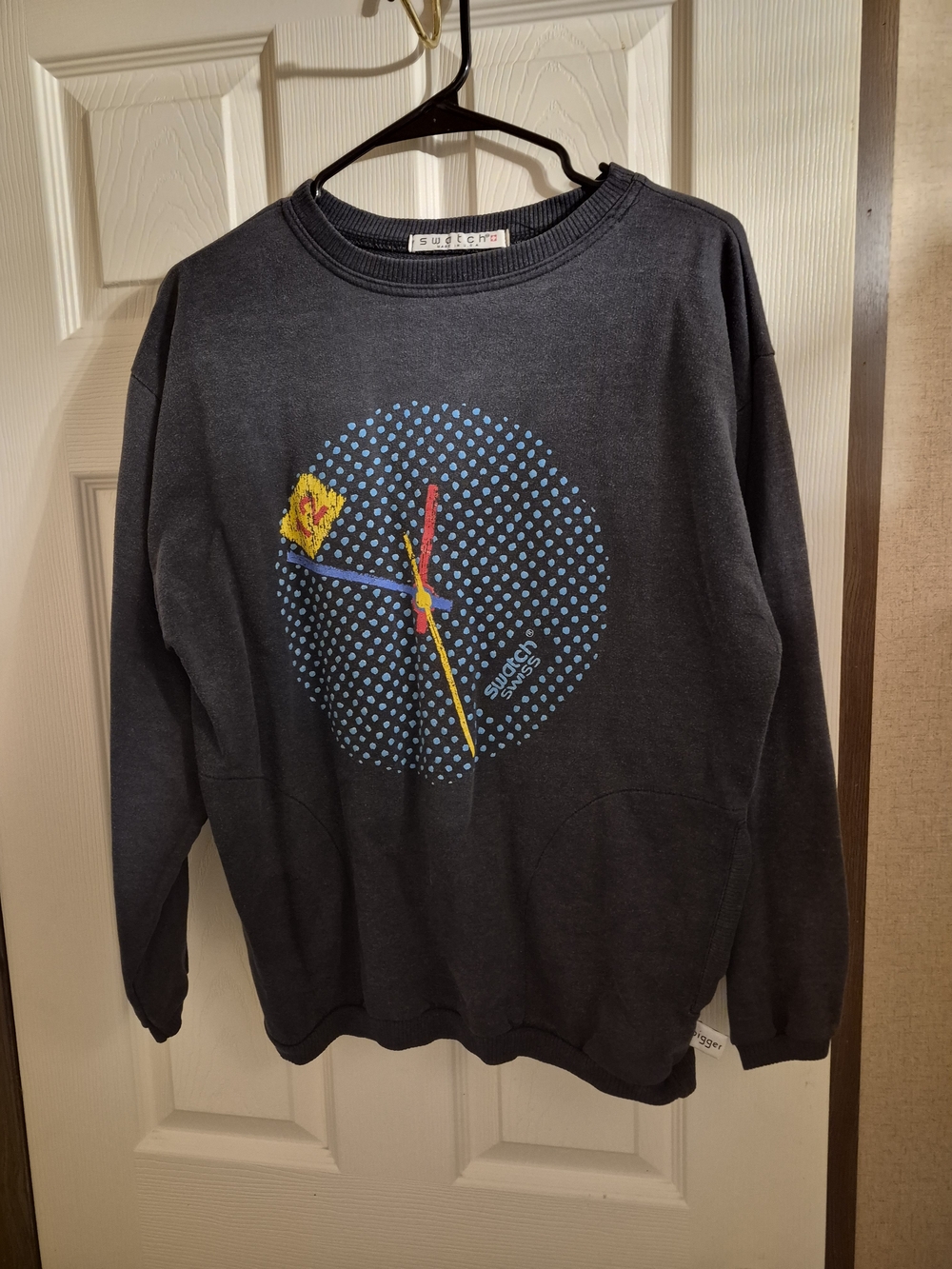 Vintage! Swatch Black Crewneck Sweatshirt with Colorful Clock Graphic. 80s